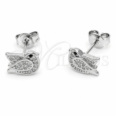 Rhodium Gold Filled Stud Earring, Bird Design, with White and Black Micro Pave, Polished, Rhodium Finish, 02.310.0152
