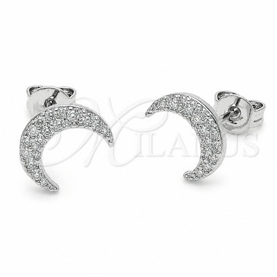 Rhodium Gold Filled Stud Earring, Moon Design, with White Micro Pave, Polished, Rhodium Finish, 02.310.0153