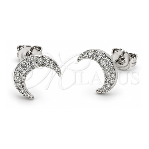 White Gold Filled Stud Earring, Moon Design, with White Micro Pave, Polished, Rhodium Finish, 02.310.0153