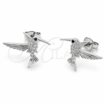 Rhodium Gold Filled Stud Earring, Bird Design, with White Cubic Zirconia and Black Micro Pave, Polished, Rhodium Finish, 02.310.0157