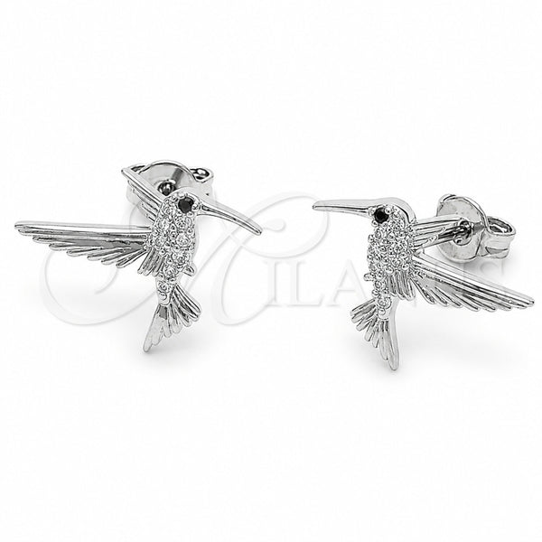 Rhodium Gold Filled Stud Earring, Bird Design, with White Cubic Zirconia and Black Micro Pave, Polished, Rhodium Finish, 02.310.0157