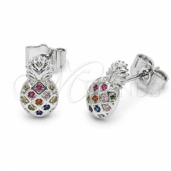 Rhodium Gold Filled Stud Earring, Pineapple Design, with Multicolor Cubic Zirconia, Polished, Rhodium Finish, 02.310.0160