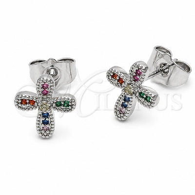 Rhodium Gold Filled Stud Earring, Cross Design, with Multicolor Cubic Zirconia, Polished, Rhodium Finish, 02.310.0163