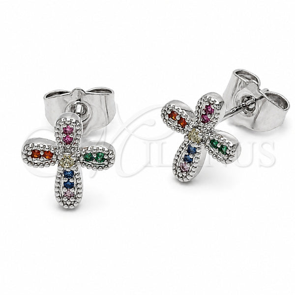Rhodium Gold Filled Stud Earring, Cross Design, with Multicolor Cubic Zirconia, Polished, Rhodium Finish, 02.310.0163