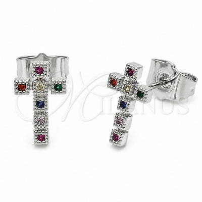 Rhodium Gold Filled Stud Earring, Cross Design, with Multicolor Cubic Zirconia, Polished, Rhodium Finish, 02.310.0166