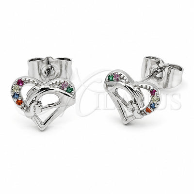 Rhodium Gold Filled Stud Earring, Heart and Hand Design, with Multicolor Cubic Zirconia, Polished, Rhodium Finish, 02.310.0167