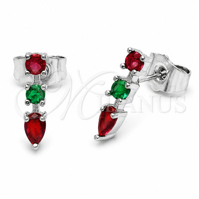 Rhodium Gold Filled Stud Earring, with Green and Ruby Cubic Zirconia, Polished, Rhodium Finish, 02.310.0168