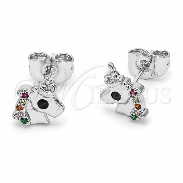 Rhodium Gold Filled Stud Earring, Horse Design, with Multicolor Cubic Zirconia, Polished, Rhodium Finish, 02.310.0174