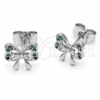 Rhodium Gold Filled Stud Earring, Butterfly and Bow Design, with Turquoise Cubic Zirconia, Blue Enamel Finish, Rhodium Finish, 02.310.0176