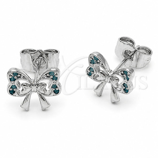 Rhodium Gold Filled Stud Earring, Butterfly and Bow Design, with Turquoise Cubic Zirconia, Blue Enamel Finish, Rhodium Finish, 02.310.0176