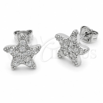 Rhodium Gold Filled Stud Earring, Fish and Star Design, with White Cubic Zirconia, Polished, Rhodium Finish, 02.310.0181