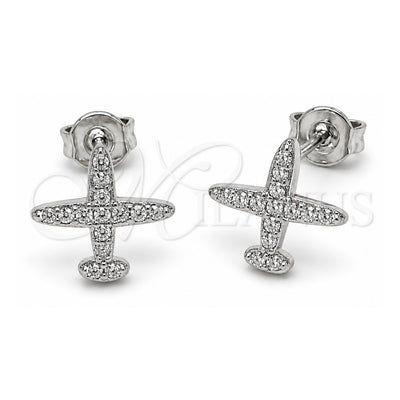 White Gold Filled Stud Earring, Airplane Design, with White Cubic Zirconia, Polished, Rhodium Finish, 02.310.0182