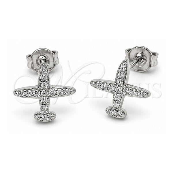 White Gold Filled Stud Earring, Airplane Design, with White Cubic Zirconia, Polished, Rhodium Finish, 02.310.0182