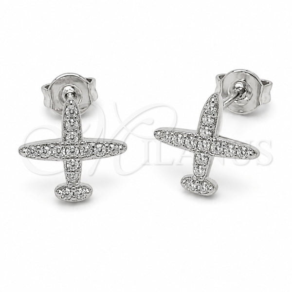 Rhodium Gold Filled Stud Earring, Airplane Design, with White Cubic Zirconia, Polished, Rhodium Finish, 02.310.0182