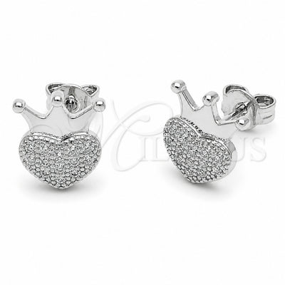 Rhodium Gold Filled Stud Earring, Crown and Heart Design, with White Cubic Zirconia, Polished, Rhodium Finish, 02.310.0184