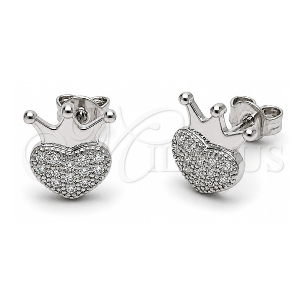 White Gold Filled Stud Earring, Crown and Heart Design, with White Cubic Zirconia, Polished, Rhodium Finish, 02.310.0184
