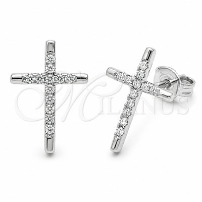 Rhodium Gold Filled Stud Earring, Cross Design, with White Cubic Zirconia, Polished, Rhodium Finish, 02.310.0186
