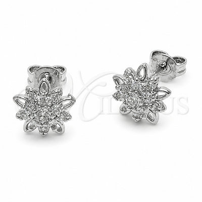 Rhodium Gold Filled Stud Earring, Flower Design, with White Cubic Zirconia, Polished, Rhodium Finish, 02.310.0192