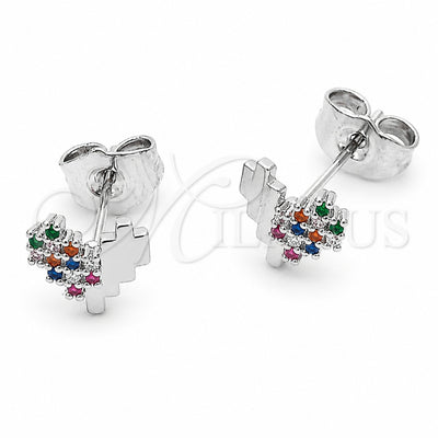 Rhodium Gold Filled Stud Earring, Heart Design, with Multicolor Cubic Zirconia, Polished, Rhodium Finish, 02.310.0194