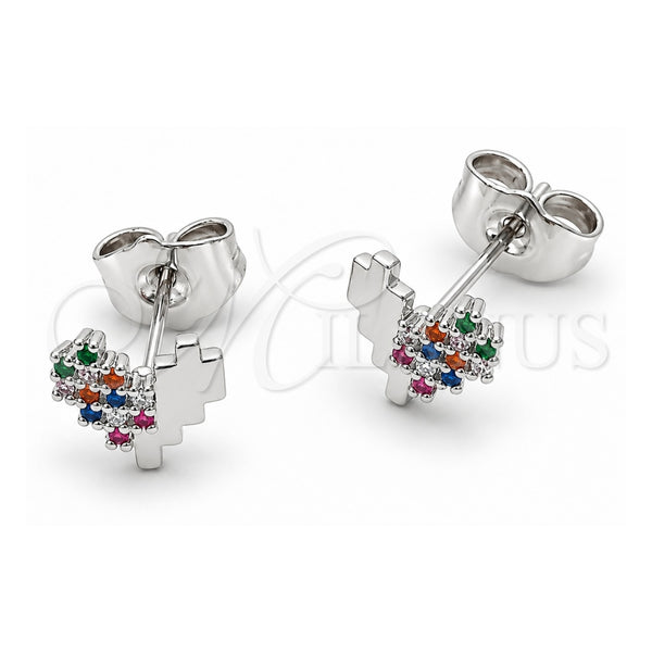 White Gold Filled Stud Earring, Heart Design, with Multicolor Cubic Zirconia, Polished, Rhodium Finish, 02.310.0194
