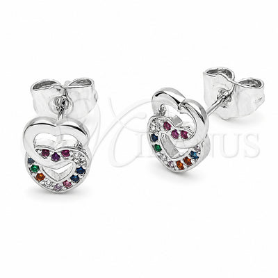 Rhodium Gold Filled Stud Earring, Heart Design, with Multicolor Cubic Zirconia, Polished, Rhodium Finish, 02.310.0196