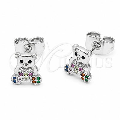Rhodium Gold Filled Stud Earring, Teddy Bear and Heart Design, with Multicolor Micro Pave, Polished, Rhodium Finish, 02.310.0106.1