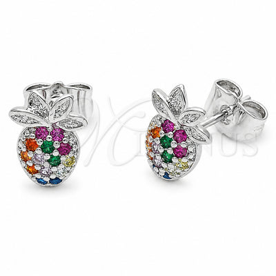 Rhodium Gold Filled Stud Earring, Pineapple Design, with Multicolor Cubic Zirconia, Polished, Rhodium Finish, 02.310.0197