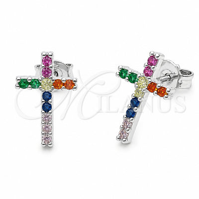 Rhodium Gold Filled Stud Earring, Cross Design, with Multicolor Cubic Zirconia, Polished, Rhodium Finish, 02.310.0199
