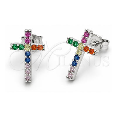 White Gold Filled Stud Earring, Cross Design, with Multicolor Cubic Zirconia, Polished, Rhodium Finish, 02.310.0199