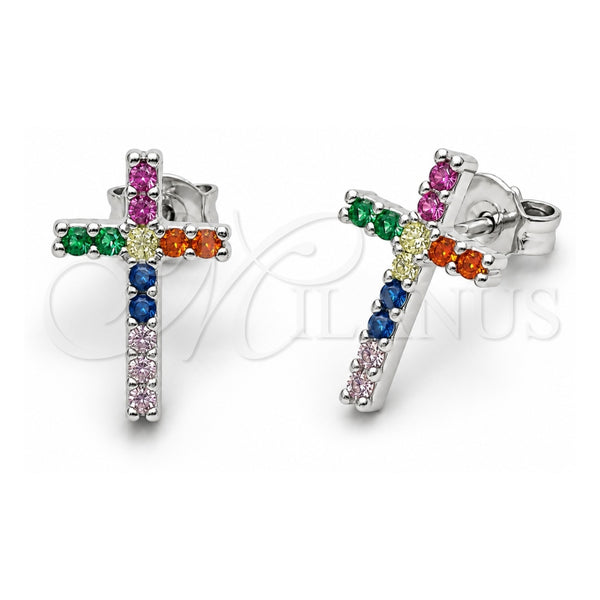 White Gold Filled Stud Earring, Cross Design, with Multicolor Cubic Zirconia, Polished, Rhodium Finish, 02.310.0199