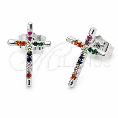Rhodium Gold Filled Stud Earring, Cross Design, with Multicolor Cubic Zirconia, Polished, Rhodium Finish, 02.310.0186.1