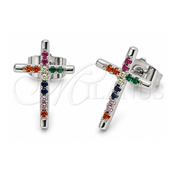 White Gold Filled Stud Earring, Cross Design, with Multicolor Cubic Zirconia, Polished, Rhodium Finish, 02.310.0186.1