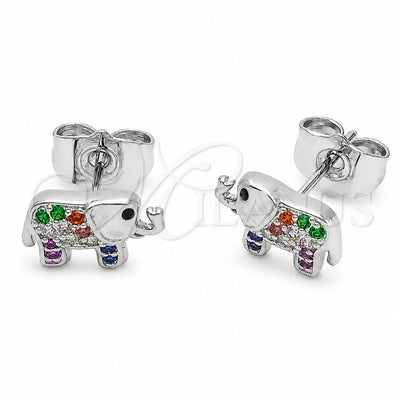 Rhodium Gold Filled Stud Earring, Elephant Design, with Black and Multicolor Cubic Zirconia, Polished, Rhodium Finish, 02.310.0050.2