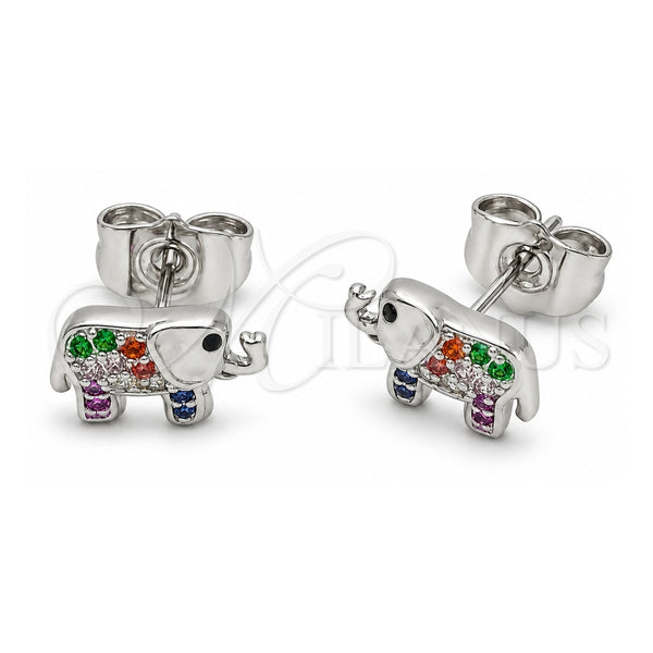 White Gold Filled Stud Earring, Elephant Design, with Black and Multicolor Cubic Zirconia, Polished, Rhodium Finish, 02.310.0050.2