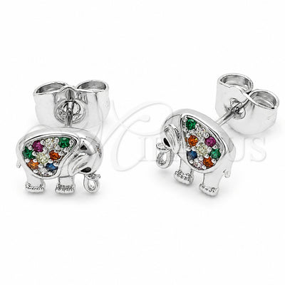 Rhodium Gold Filled Stud Earring, Elephant Design, with Black and Multicolor Cubic Zirconia, Polished, Rhodium Finish, 02.310.0202
