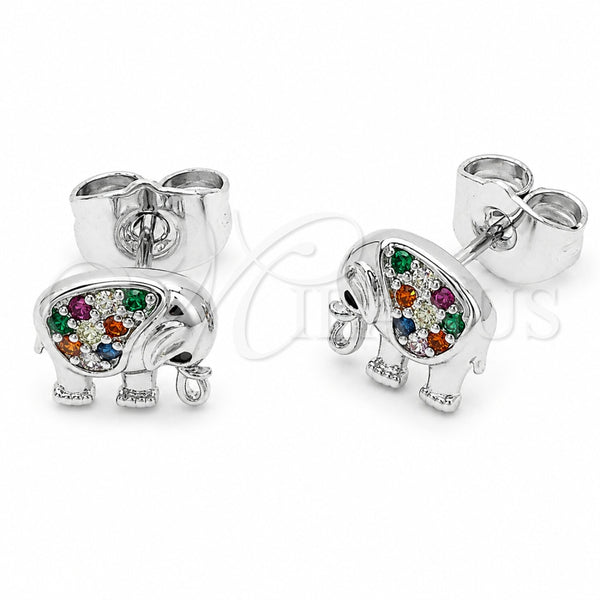 Rhodium Gold Filled Stud Earring, Elephant Design, with Black and Multicolor Cubic Zirconia, Polished, Rhodium Finish, 02.310.0202