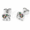 Rhodium Gold Filled Stud Earring, Elephant Design, with Black and Multicolor Cubic Zirconia, Polished, Rhodium Finish, 02.310.0202