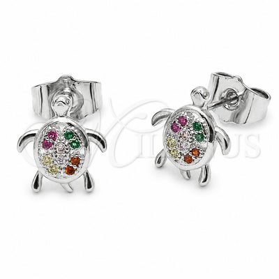 Rhodium Gold Filled Stud Earring, Turtle Design, with Multicolor Cubic Zirconia, Polished, Rhodium Finish, 02.310.0154.1