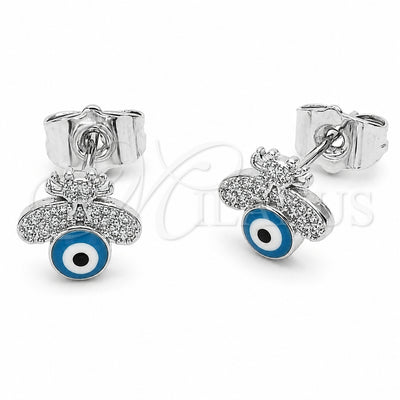 Rhodium Gold Filled Stud Earring, Bee and Evil Eye Design, with White Micro Pave, Blue Enamel Finish, Rhodium Finish, 02.310.0205