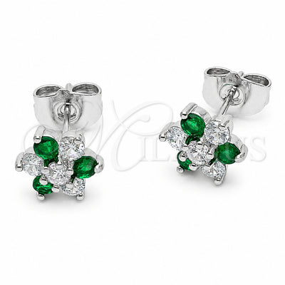 Rhodium Gold Filled Stud Earring, Flower Design, with Green and White Cubic Zirconia, Polished, Rhodium Finish, 02.310.0206