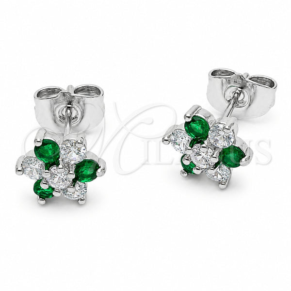Rhodium Gold Filled Stud Earring, Flower Design, with Green and White Cubic Zirconia, Polished, Rhodium Finish, 02.310.0206