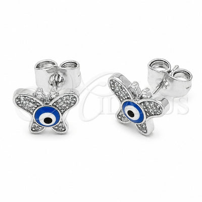 Rhodium Gold Filled Stud Earring, Butterfly and Evil Eye Design, with White Micro Pave, Blue Enamel Finish, Rhodium Finish, 02.310.0207