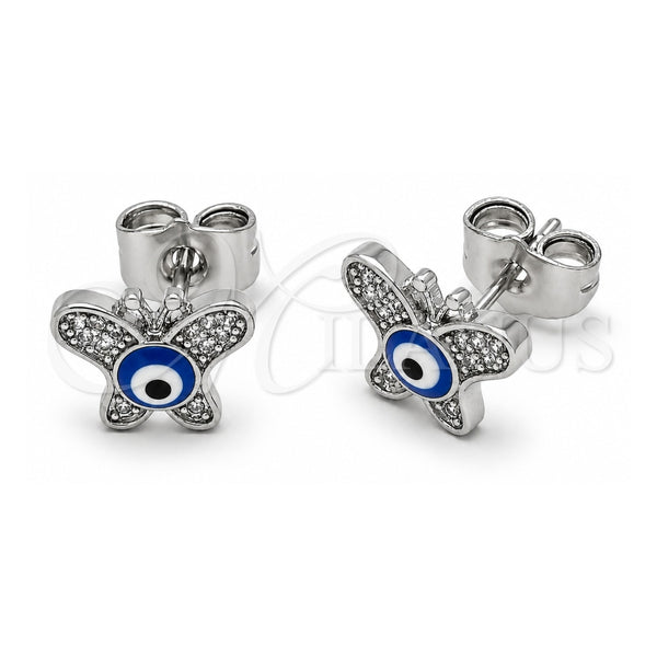 White Gold Filled Stud Earring, Butterfly and Evil Eye Design, with White Micro Pave, Blue Enamel Finish, Rhodium Finish, 02.310.0207