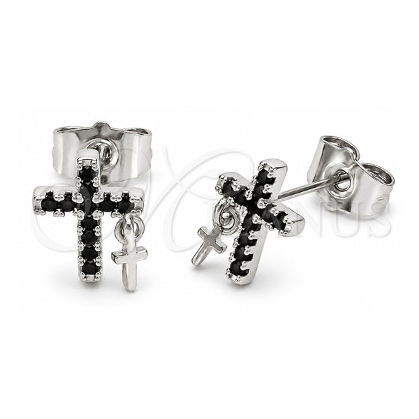 White Gold Filled Stud Earring, Cross Design, with Black Cubic Zirconia, Polished, Rhodium Finish, 02.310.0208