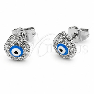Rhodium Gold Filled Stud Earring, Teardrop and Evil Eye Design, with White Micro Pave, Blue Enamel Finish, Rhodium Finish, 02.310.0209