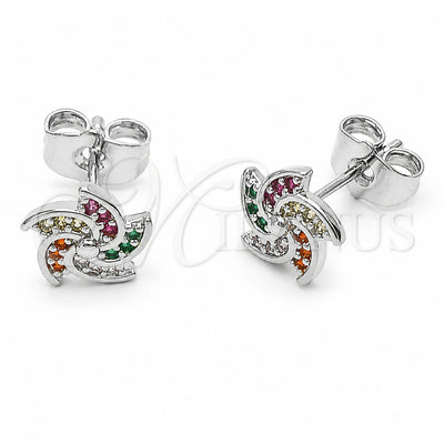 Rhodium Gold Filled Stud Earring, Flower Design, with Multicolor Cubic Zirconia, Polished, Rhodium Finish, 02.310.0212