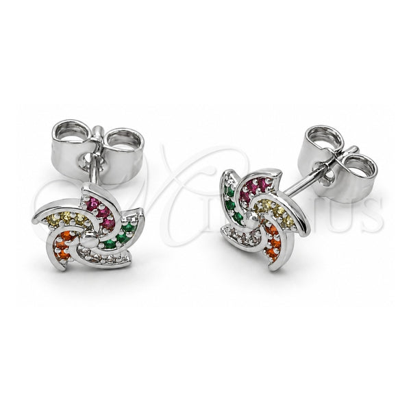 White Gold Filled Stud Earring, Flower Design, with Multicolor Cubic Zirconia, Polished, Rhodium Finish, 02.310.0212