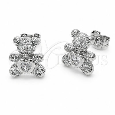 Rhodium Gold Filled Stud Earring, Teddy Bear and Heart Design, with White Cubic Zirconia and White Micro Pave, Polished, Rhodium Finish, 02.310.0108.1