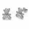 Rhodium Gold Filled Stud Earring, Teddy Bear and Heart Design, with White Cubic Zirconia and White Micro Pave, Polished, Rhodium Finish, 02.310.0108.1