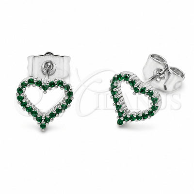 Rhodium Gold Filled Stud Earring, Heart Design, with Green Cubic Zirconia, Polished, Rhodium Finish, 02.310.0213